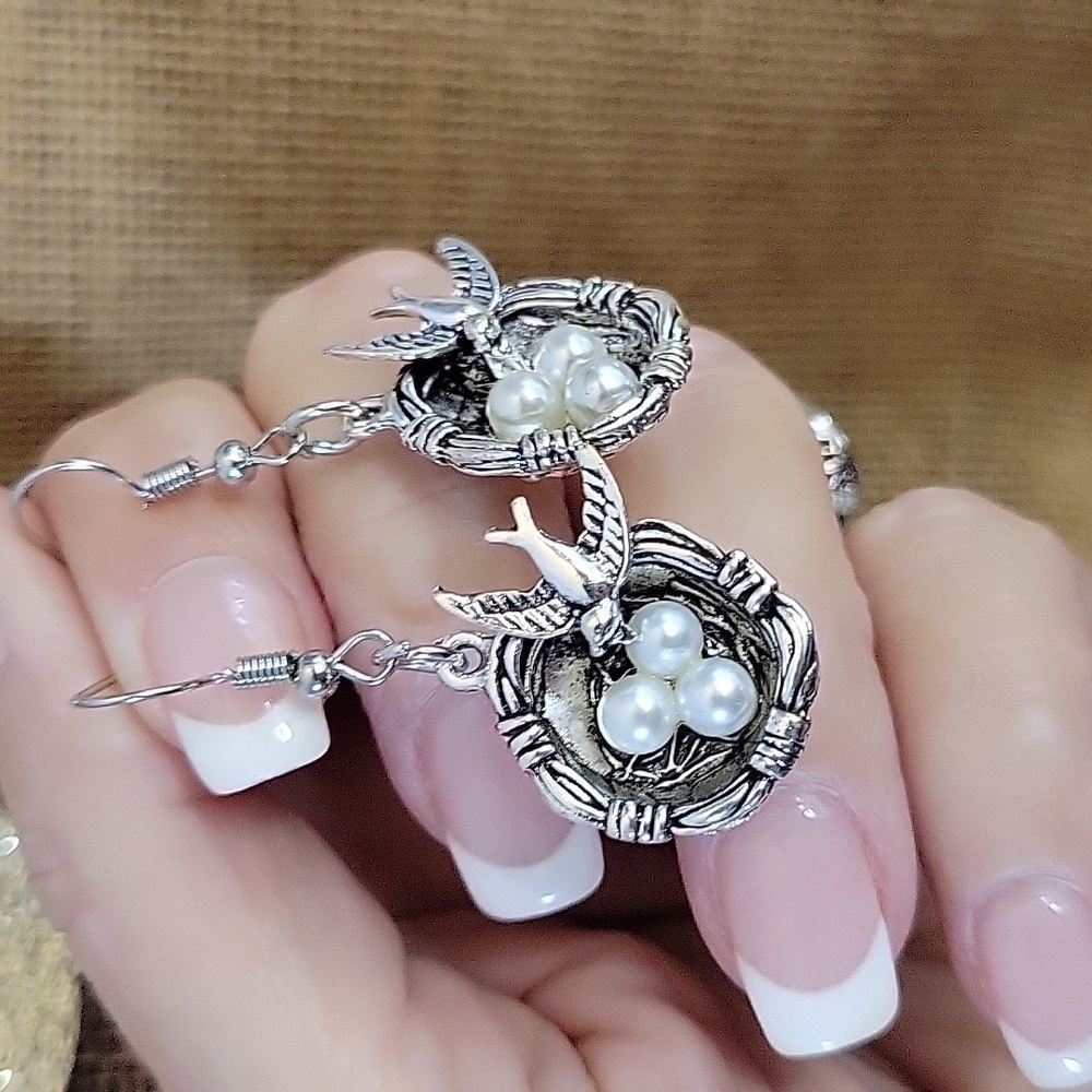 Sparrow and Nest Drop Earrings